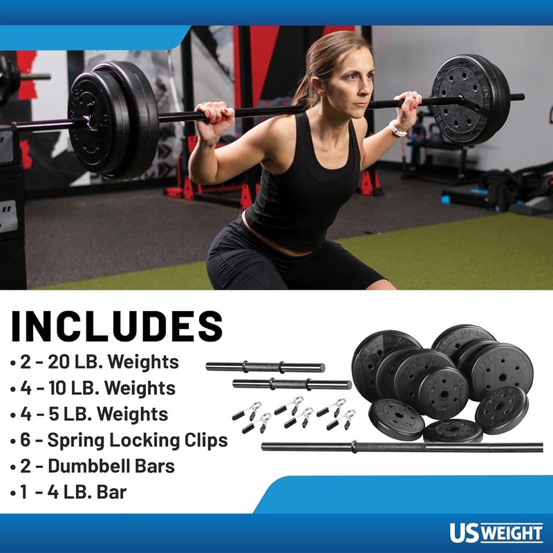 US Weight 105 Pound Barbell Weight Set for Home Gym| Adjustable Weight Set with Two Dumbbell Bars and Full 6 Ft Bar, Black - Image 3